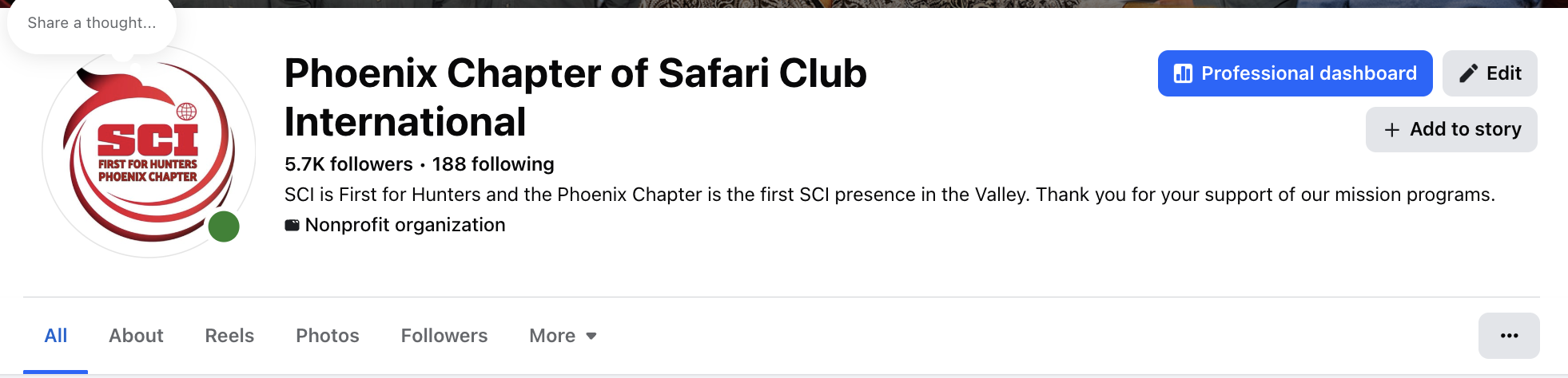 SCI Phoenix Facebook page showing 5.7 thousand followers