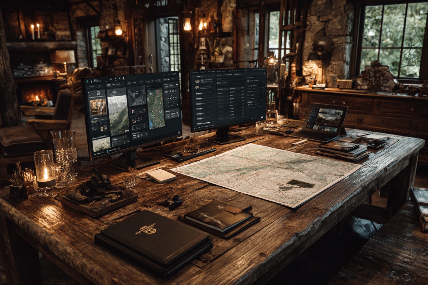 Rustic lodge workspace with digital campaign screens and outdoor planning materials