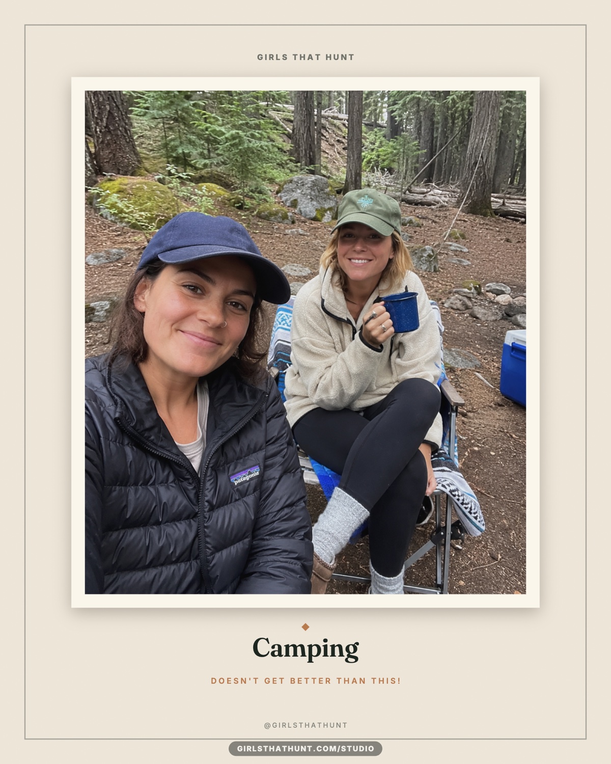 A Girls That Hunt Frame Studio example featuring two women camping in a forest