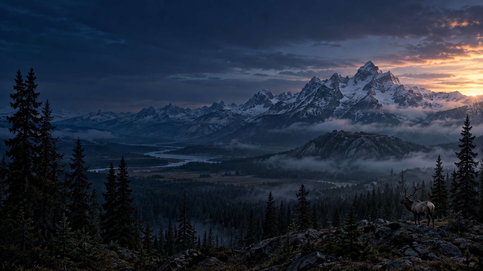 Mountain wilderness stretching beyond a dark forest
