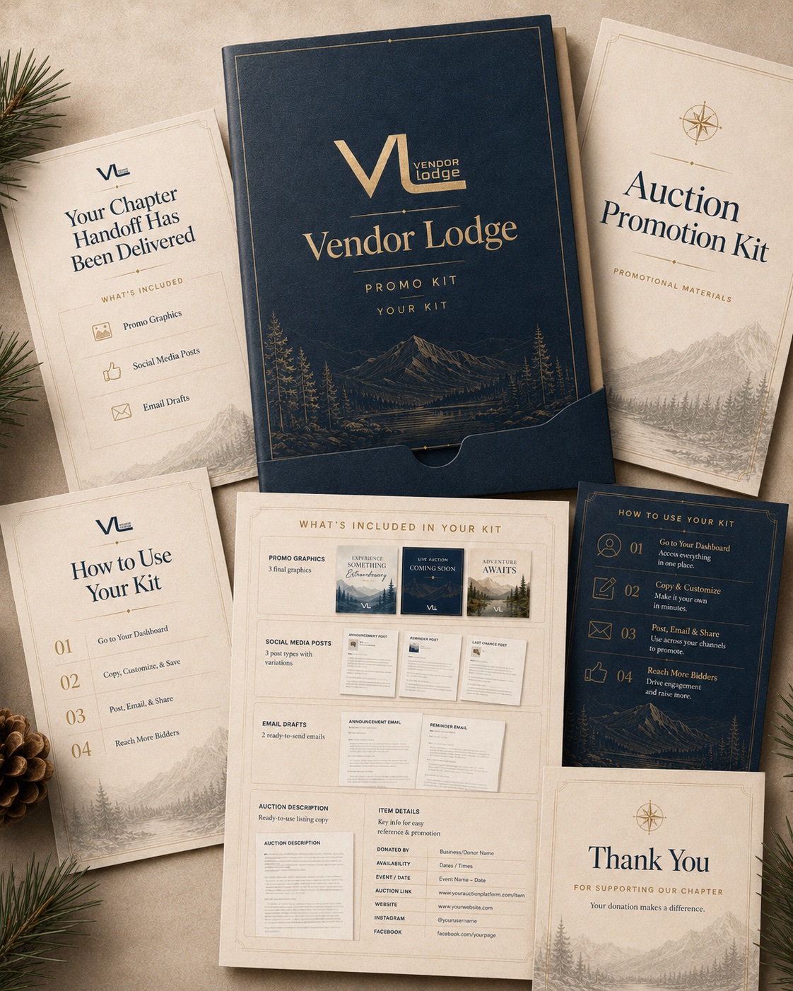 Vendor Lodge promotion kit showing branded graphics, auction copy, social posts, and email materials