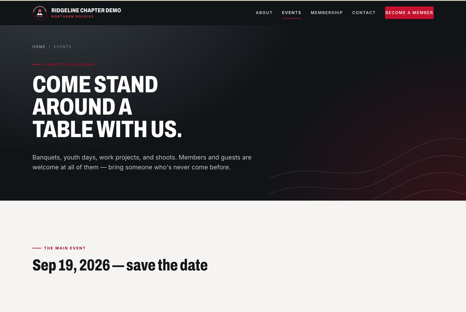 Screenshot of the Ridgeline Chapter demonstration website events calendar