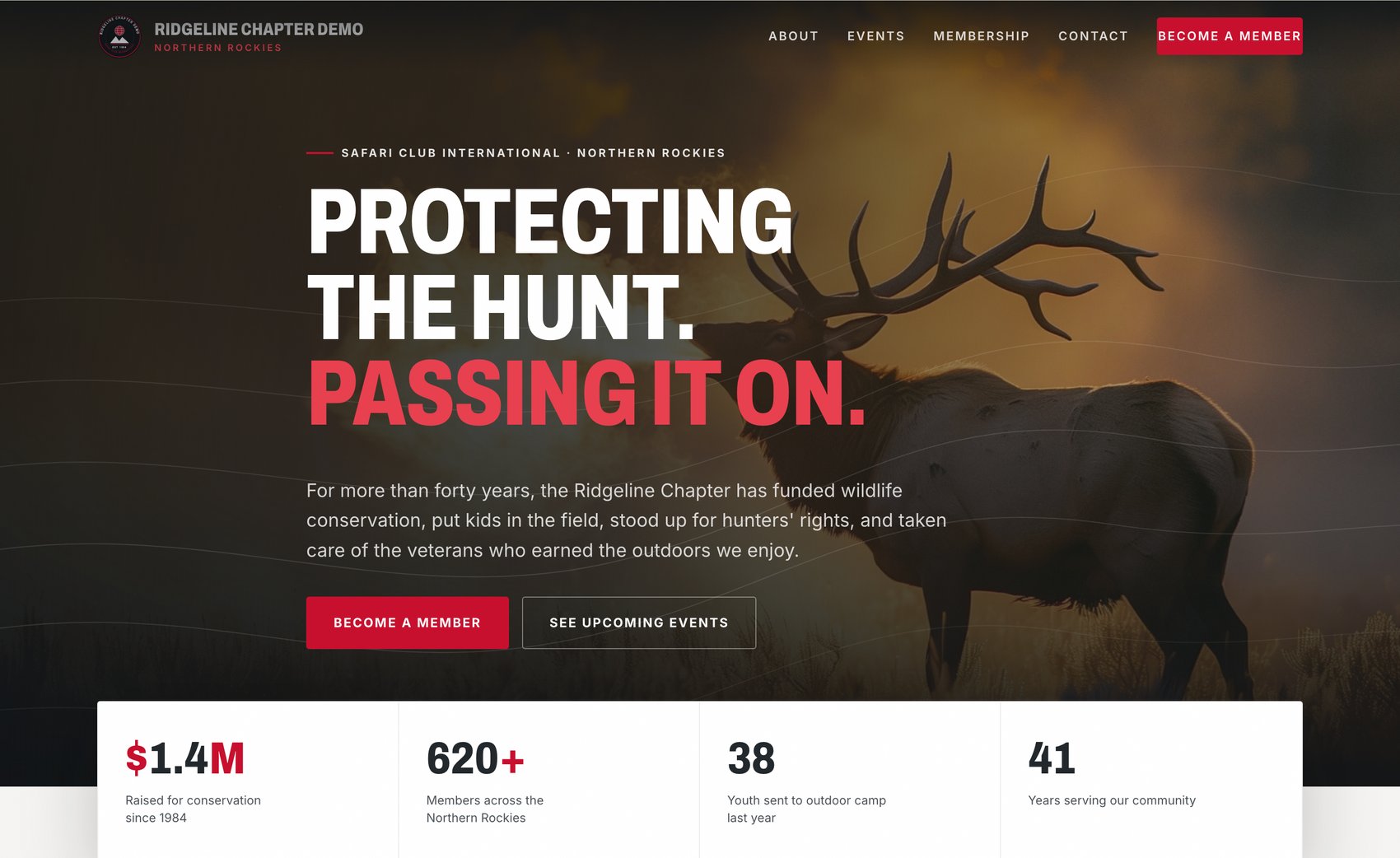 The homepage of the Ridgeline Chapter demo website