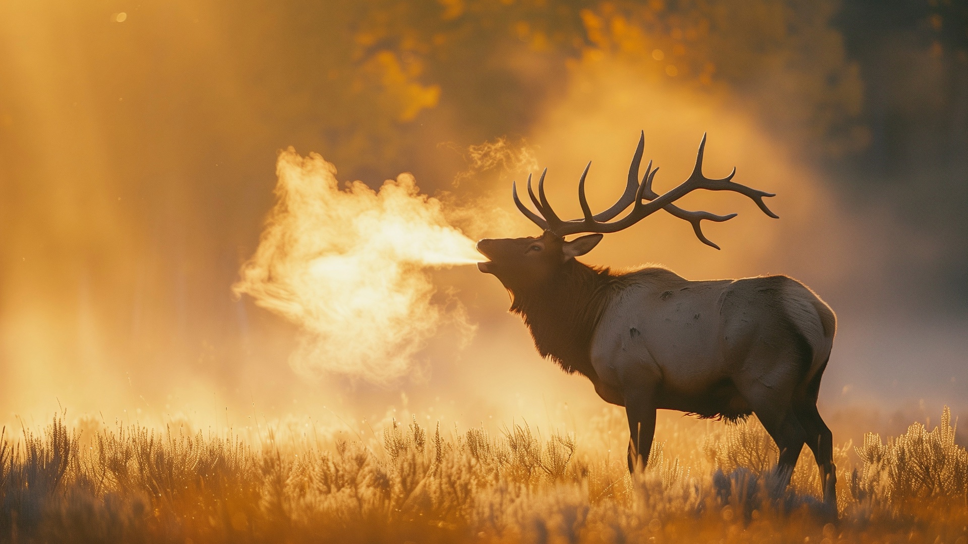 A bull elk bugling in a mist-filled meadow at sunrise